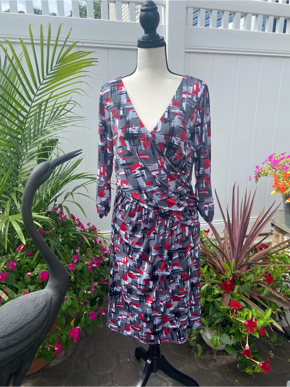 Laundry By Shelli Segal Red and Gray Abstract Wrap Dress
